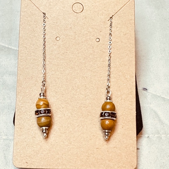 Hand Crafted Jewelry - Wooden/Picture Jasper Round Crystal Earrings w/Smoky Quartz Colored Rondelles